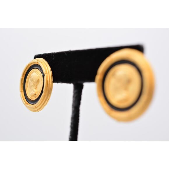 Vintage Roman Coin Earrings Brushed Gold Matte Black Enamel Chunky NOS 1980s 9E - Picture 3 of 12